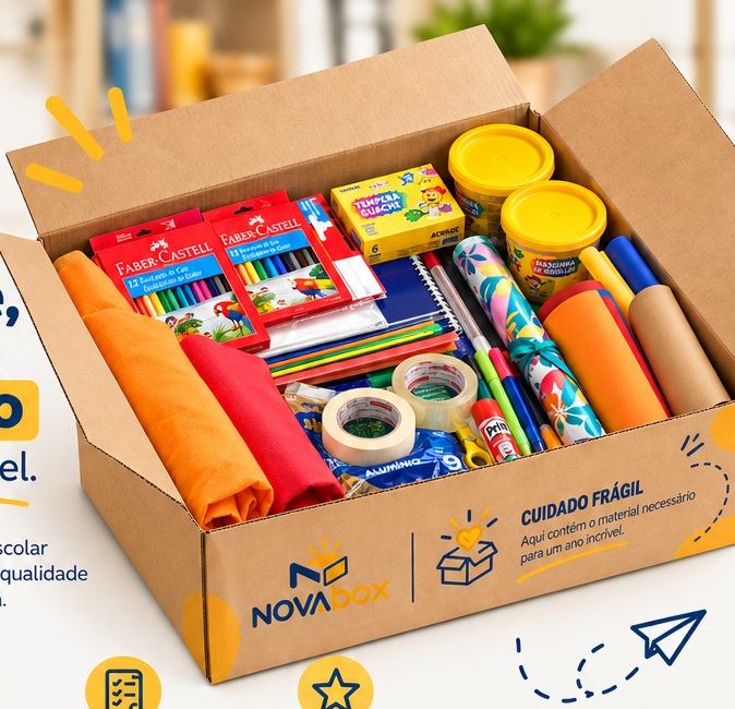 Caixa NovaBOX aberta com materiais escolares, lápis, cadernos e itens de papelaria
